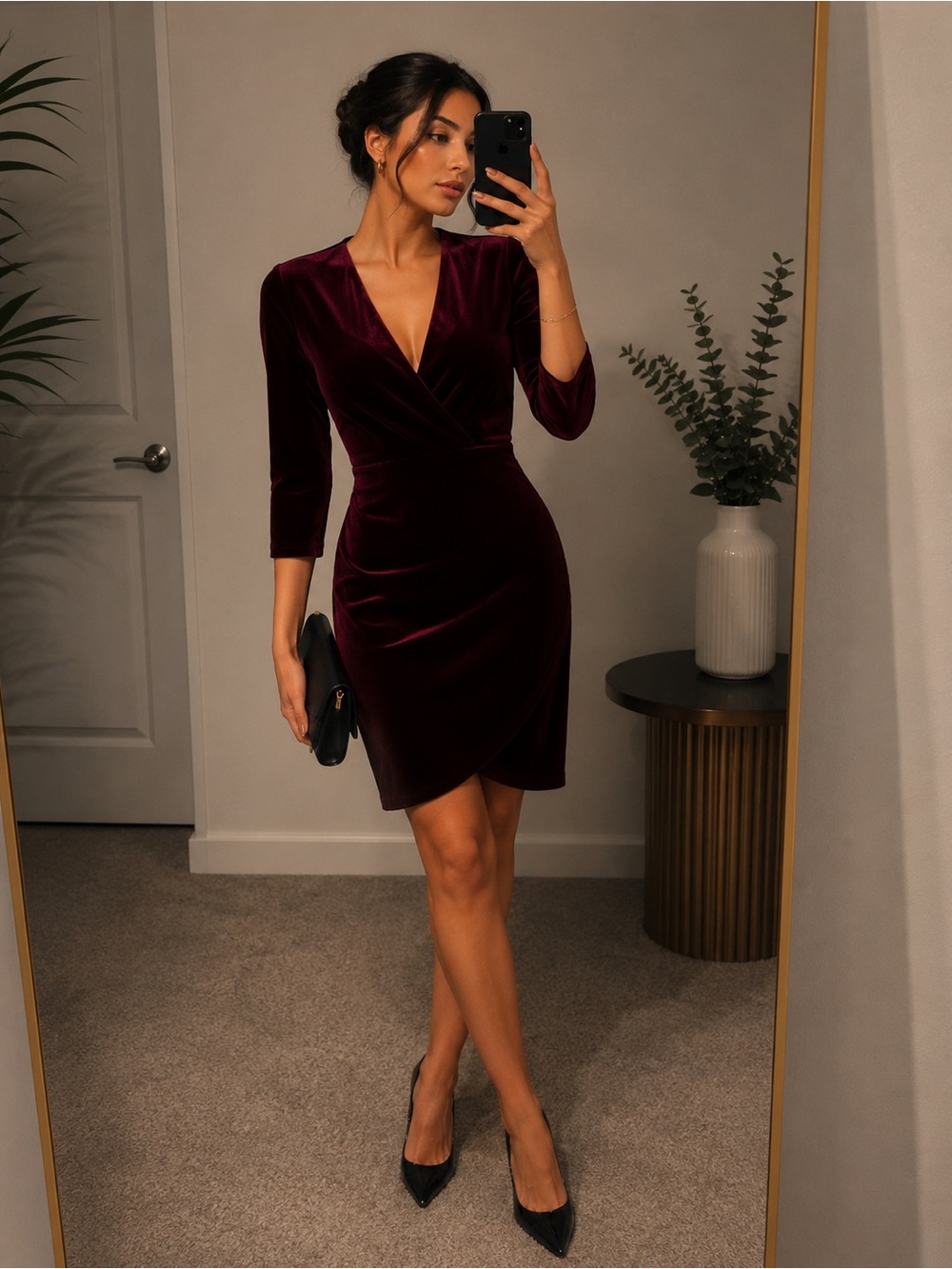 Lulu's Velvet Wrap Dress in Deep Wine